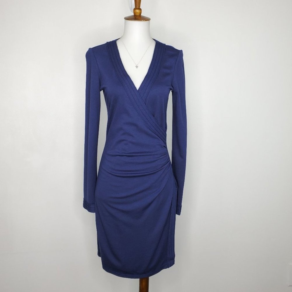Max Studio Navy Classic Career V-Neck Knit Long Sleeve Dress, S